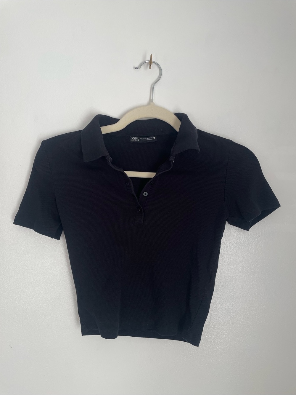 Zara black cropped collared button up short sleeve top size medium